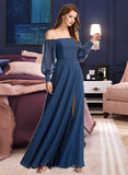 Morgan A-Line Off-the-Shoulder Floor-Length Chiffon Bridesmaid Dress With Split Front UKP0016479