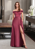 Kaitlin A-Line Off-the-Shoulder Floor-Length Satin Bridesmaid Dress With Split Front UKP0016482