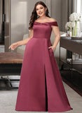 Kaitlin A-Line Off-the-Shoulder Floor-Length Satin Bridesmaid Dress With Split Front UKP0016482