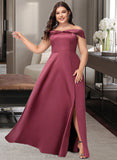 Kaitlin A-Line Off-the-Shoulder Floor-Length Satin Bridesmaid Dress With Split Front UKP0016482