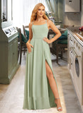 Saniya A-Line Square Neckline Floor-Length Chiffon Bridesmaid Dress With Split Front UKP0016484