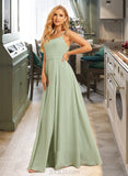 Saniya A-Line Square Neckline Floor-Length Chiffon Bridesmaid Dress With Split Front UKP0016484