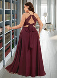 Mackenzie A-Line Halter Floor-Length Chiffon Bridesmaid Dress With Split Front UKP0016486