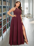 Mackenzie A-Line Halter Floor-Length Chiffon Bridesmaid Dress With Split Front UKP0016486