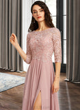 Chanel A-Line Scoop Neck Floor-Length Chiffon Lace Bridesmaid Dress With Split Front UKP0016487