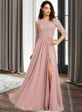 Chanel A-Line Scoop Neck Floor-Length Chiffon Lace Bridesmaid Dress With Split Front UKP0016487