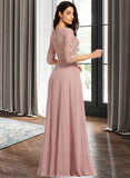 Chanel A-Line Scoop Neck Floor-Length Chiffon Lace Bridesmaid Dress With Split Front UKP0016487