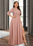 Chanel A-Line Scoop Neck Floor-Length Chiffon Lace Bridesmaid Dress With Split Front UKP0016487