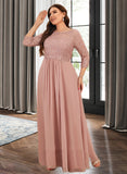 Chanel A-Line Scoop Neck Floor-Length Chiffon Lace Bridesmaid Dress With Split Front UKP0016487