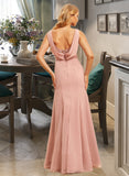 Tiara Trumpet/Mermaid Boat Neck Floor-Length Chiffon Bridesmaid Dress With Lace UKP0016488