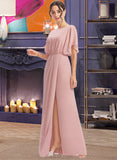 Phoenix Sheath/Column Scoop Neck Floor-Length Chiffon Bridesmaid Dress With Split Front UKP0016496