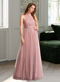 Justine A-Line One-Shoulder V-neck Off-the-Shoulder Floor-Length Tulle Bridesmaid Dress UKP0016498