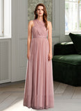 Justine A-Line One-Shoulder V-neck Off-the-Shoulder Floor-Length Tulle Bridesmaid Dress UKP0016498