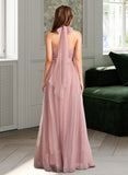 Justine A-Line One-Shoulder V-neck Off-the-Shoulder Floor-Length Tulle Bridesmaid Dress UKP0016498