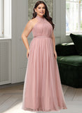 Justine A-Line One-Shoulder V-neck Off-the-Shoulder Floor-Length Tulle Bridesmaid Dress UKP0016498