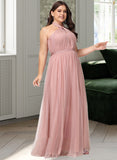 Justine A-Line One-Shoulder V-neck Off-the-Shoulder Floor-Length Tulle Bridesmaid Dress UKP0016498