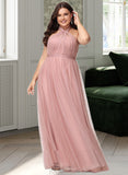 Justine A-Line One-Shoulder V-neck Off-the-Shoulder Floor-Length Tulle Bridesmaid Dress UKP0016498