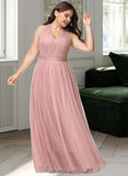 Justine A-Line One-Shoulder V-neck Off-the-Shoulder Floor-Length Tulle Bridesmaid Dress UKP0016498