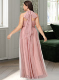 Justine A-Line One-Shoulder V-neck Off-the-Shoulder Floor-Length Tulle Bridesmaid Dress UKP0016498