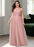 Justine A-Line One-Shoulder V-neck Off-the-Shoulder Floor-Length Tulle Bridesmaid Dress UKP0016498