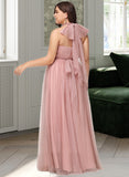 Justine A-Line One-Shoulder V-neck Off-the-Shoulder Floor-Length Tulle Bridesmaid Dress UKP0016498