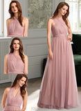 Justine A-Line One-Shoulder V-neck Off-the-Shoulder Floor-Length Tulle Bridesmaid Dress UKP0016498