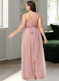 Justine A-Line One-Shoulder V-neck Off-the-Shoulder Floor-Length Tulle Bridesmaid Dress UKP0016498