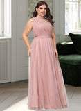 Justine A-Line One-Shoulder V-neck Off-the-Shoulder Floor-Length Tulle Bridesmaid Dress UKP0016498