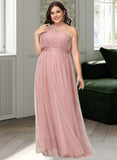 Justine A-Line One-Shoulder V-neck Off-the-Shoulder Floor-Length Tulle Bridesmaid Dress UKP0016498