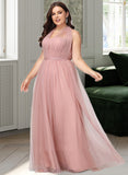 Justine A-Line One-Shoulder V-neck Off-the-Shoulder Floor-Length Tulle Bridesmaid Dress UKP0016498