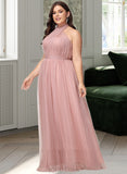 Justine A-Line One-Shoulder V-neck Off-the-Shoulder Floor-Length Tulle Bridesmaid Dress UKP0016498