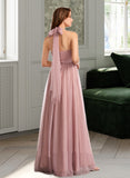 Justine A-Line One-Shoulder V-neck Off-the-Shoulder Floor-Length Tulle Bridesmaid Dress UKP0016498