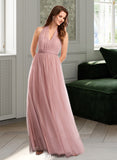 Justine A-Line One-Shoulder V-neck Off-the-Shoulder Floor-Length Tulle Bridesmaid Dress UKP0016498