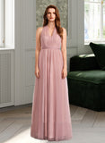 Justine A-Line One-Shoulder V-neck Off-the-Shoulder Floor-Length Tulle Bridesmaid Dress UKP0016498