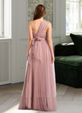 Justine A-Line One-Shoulder V-neck Off-the-Shoulder Floor-Length Tulle Bridesmaid Dress UKP0016498