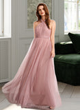 Justine A-Line One-Shoulder V-neck Off-the-Shoulder Floor-Length Tulle Bridesmaid Dress UKP0016498