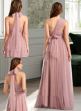 Justine A-Line One-Shoulder V-neck Off-the-Shoulder Floor-Length Tulle Bridesmaid Dress UKP0016498