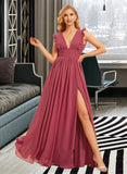 Yareli A-Line V-neck Floor-Length Chiffon Bridesmaid Dress With Ruffle Split Front UKP0016499