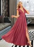 Yareli A-Line V-neck Floor-Length Chiffon Bridesmaid Dress With Ruffle Split Front UKP0016499