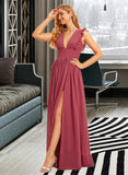 Yareli A-Line V-neck Floor-Length Chiffon Bridesmaid Dress With Ruffle Split Front UKP0016499