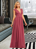 Yareli A-Line V-neck Floor-Length Chiffon Bridesmaid Dress With Ruffle Split Front UKP0016499