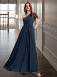 Elva A-line One Shoulder Floor-Length Chiffon Bridesmaid Dress With Ruffle UKP0016500