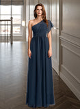 Elva A-line One Shoulder Floor-Length Chiffon Bridesmaid Dress With Ruffle UKP0016500