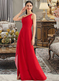 Kailey A-Line One-Shoulder Floor-Length Chiffon Bridesmaid Dress With Ruffle Split Front UKP0016503