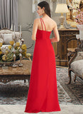 Kailey A-Line One-Shoulder Floor-Length Chiffon Bridesmaid Dress With Ruffle Split Front UKP0016503