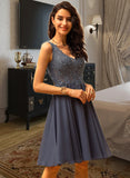 Molly A-Line V-neck Short/Mini Chiffon Lace Bridesmaid Dress With Lace Beading UKP0016504