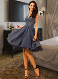 Molly A-Line V-neck Short/Mini Chiffon Lace Bridesmaid Dress With Lace Beading UKP0016504