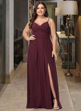 Ashleigh A-Line V-neck Floor-Length Chiffon Bridesmaid Dress With Ruffle Split Front UKP0016508