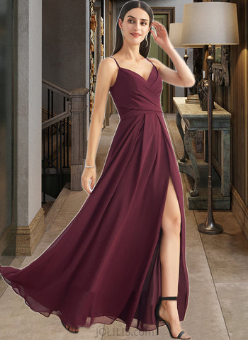 Ashleigh A-Line V-neck Floor-Length Chiffon Bridesmaid Dress With Ruffle Split Front UKP0016508