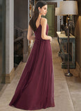 Ashleigh A-Line V-neck Floor-Length Chiffon Bridesmaid Dress With Ruffle Split Front UKP0016508